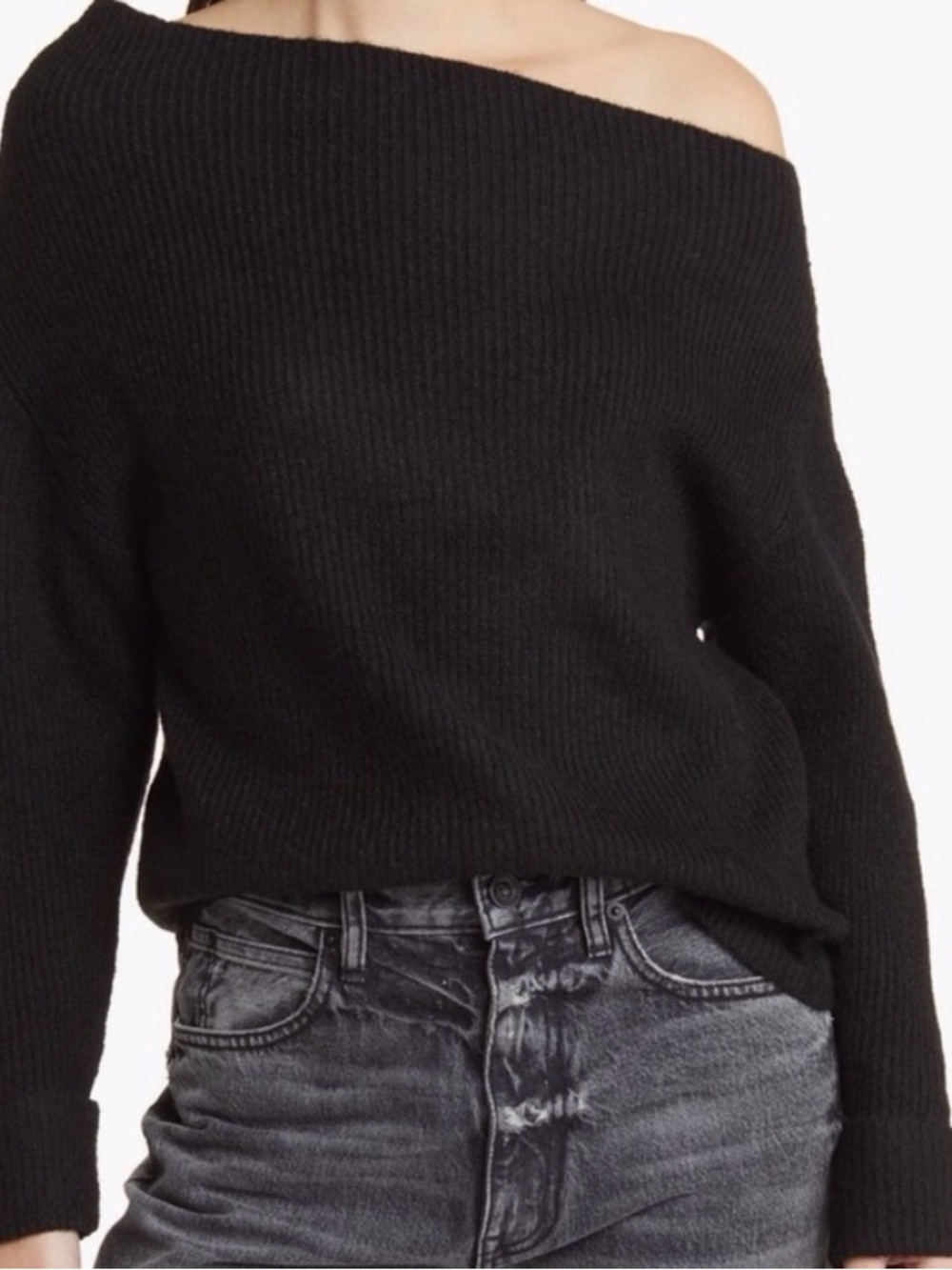 Treasure & Bond Black Off-the-Shoulder Ribbed Sweater